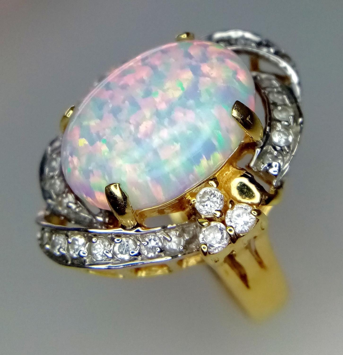 A 14K Yellow Gold and Opal Ring. White stone decoration. Size O. 6g total weight. - Image 3 of 7