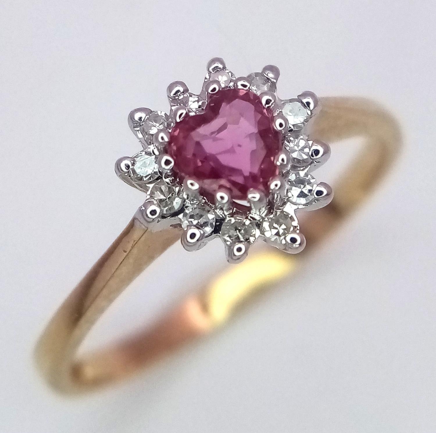 A 9K YELLOW GOLD DIAMOND & PINK SAPPHIRE HEART RING 1.6G SIZE N. ref: SPAS 9010