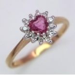 A 9K YELLOW GOLD DIAMOND & PINK SAPPHIRE HEART RING 1.6G SIZE N. ref: SPAS 9010