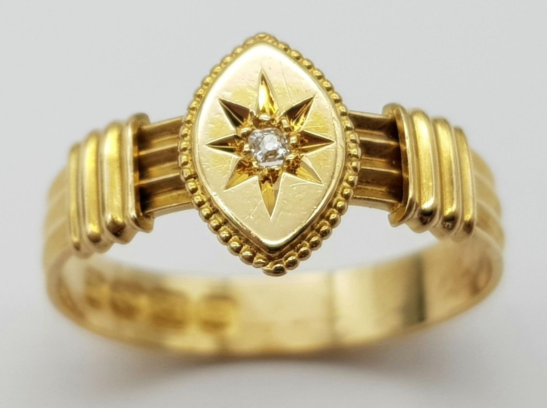 AN ANTIQUE 18K YELLOW GOLD DIAMOND RING. Hallmarked Birmingham, 1894. Size O, 2.5g total weight. - Image 2 of 5