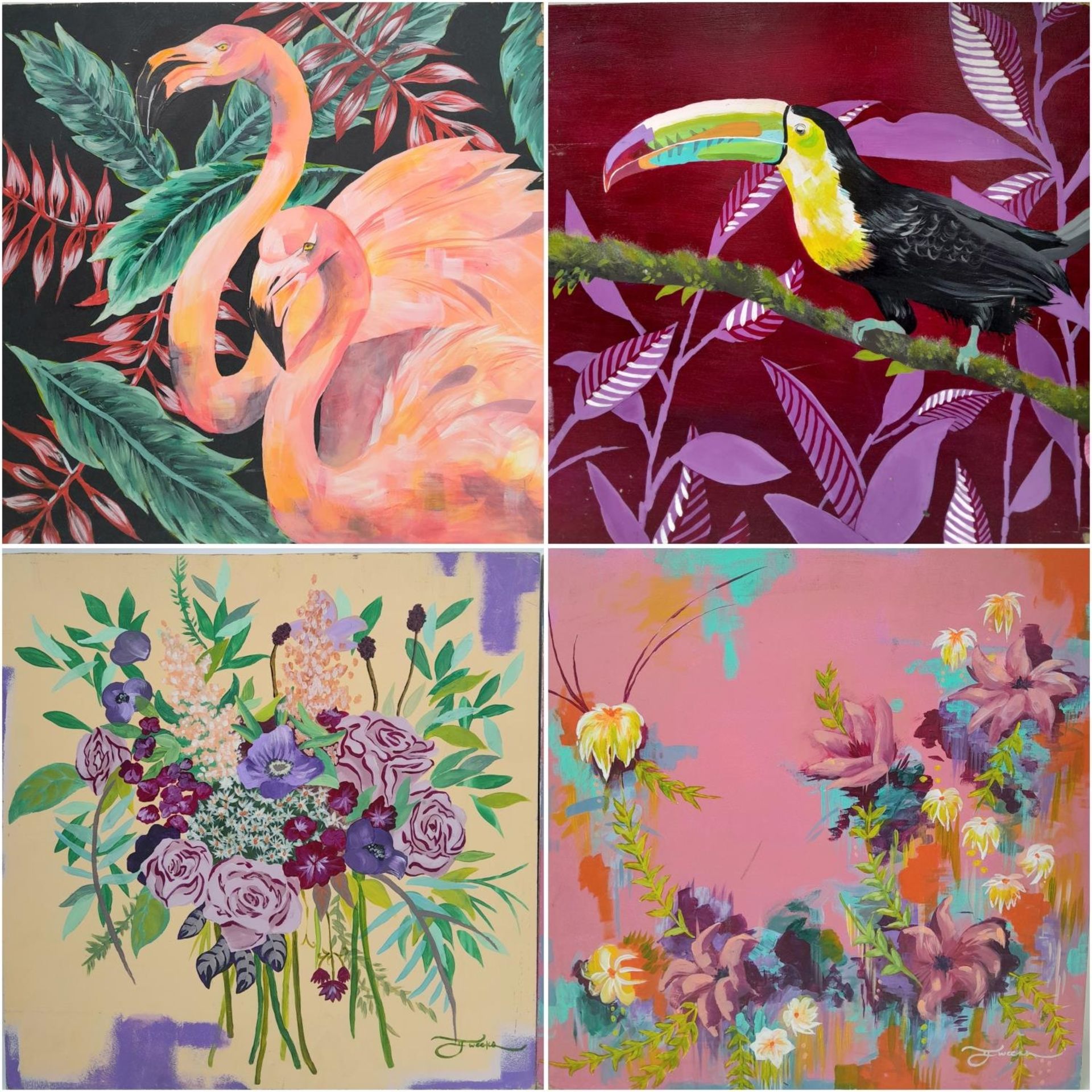 A pair of double sided artworks, acrylic on board, tropical bird design one side, floral decals on
