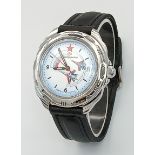 A Vostok Manual Gents Watch. Black leather strap. Stainless steel case - 40mm. White dial with date