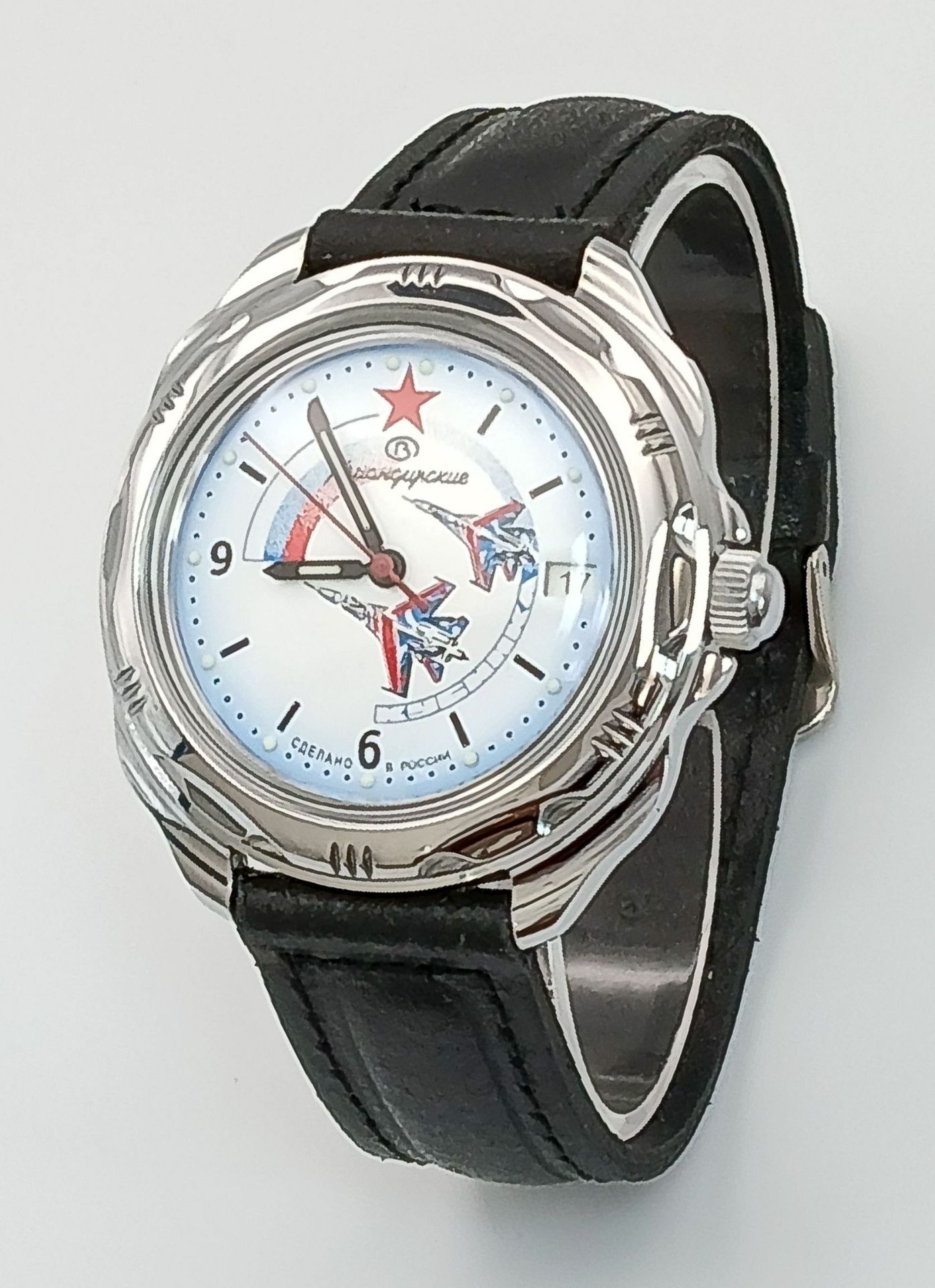 A Vostok Manual Gents Watch. Black leather strap. Stainless steel case - 40mm. White dial with date