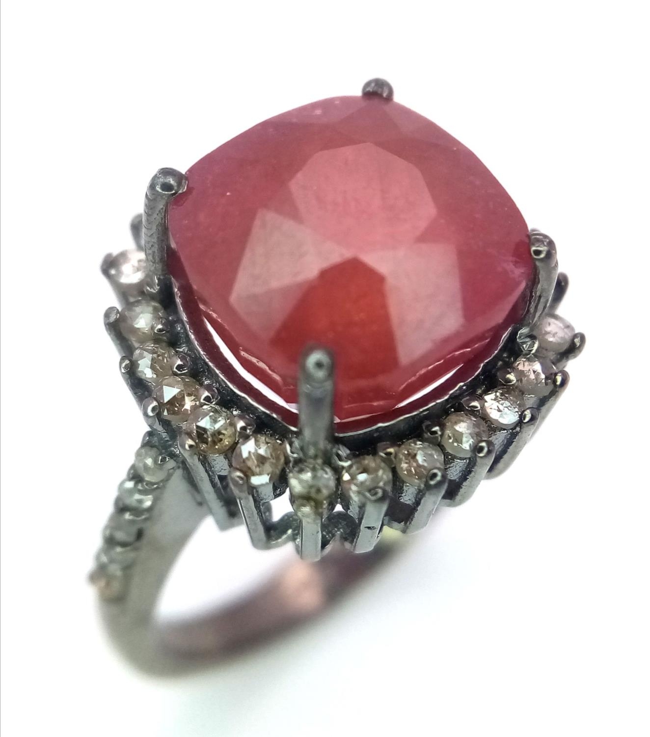 A 4.75ct Ruby Gemstone Ring with 0.80ctw of Diamond Accents. Set in 925 Silver. Size M. Ref: CD-1337