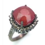 A 4.75ct Ruby Gemstone Ring with 0.80ctw of Diamond Accents. Set in 925 Silver. Size M. Ref: CD-1337