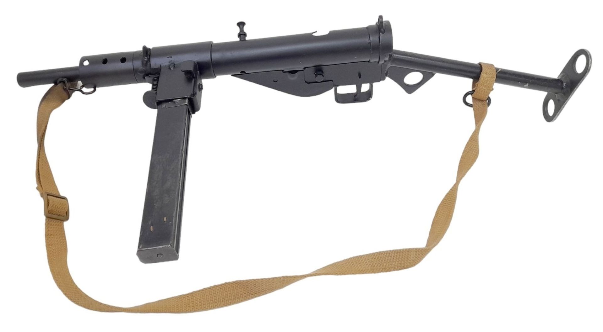 A Deactivated Maltby Sten Sub Machine Gun MKII. This British WW2 weapon was cheap and quick to