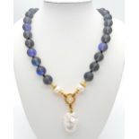 A Hypnotic Grey/Blue Moonstone Beaded Necklace with Baroque Pearl Drop Pendant. 12mm beads. 6cm