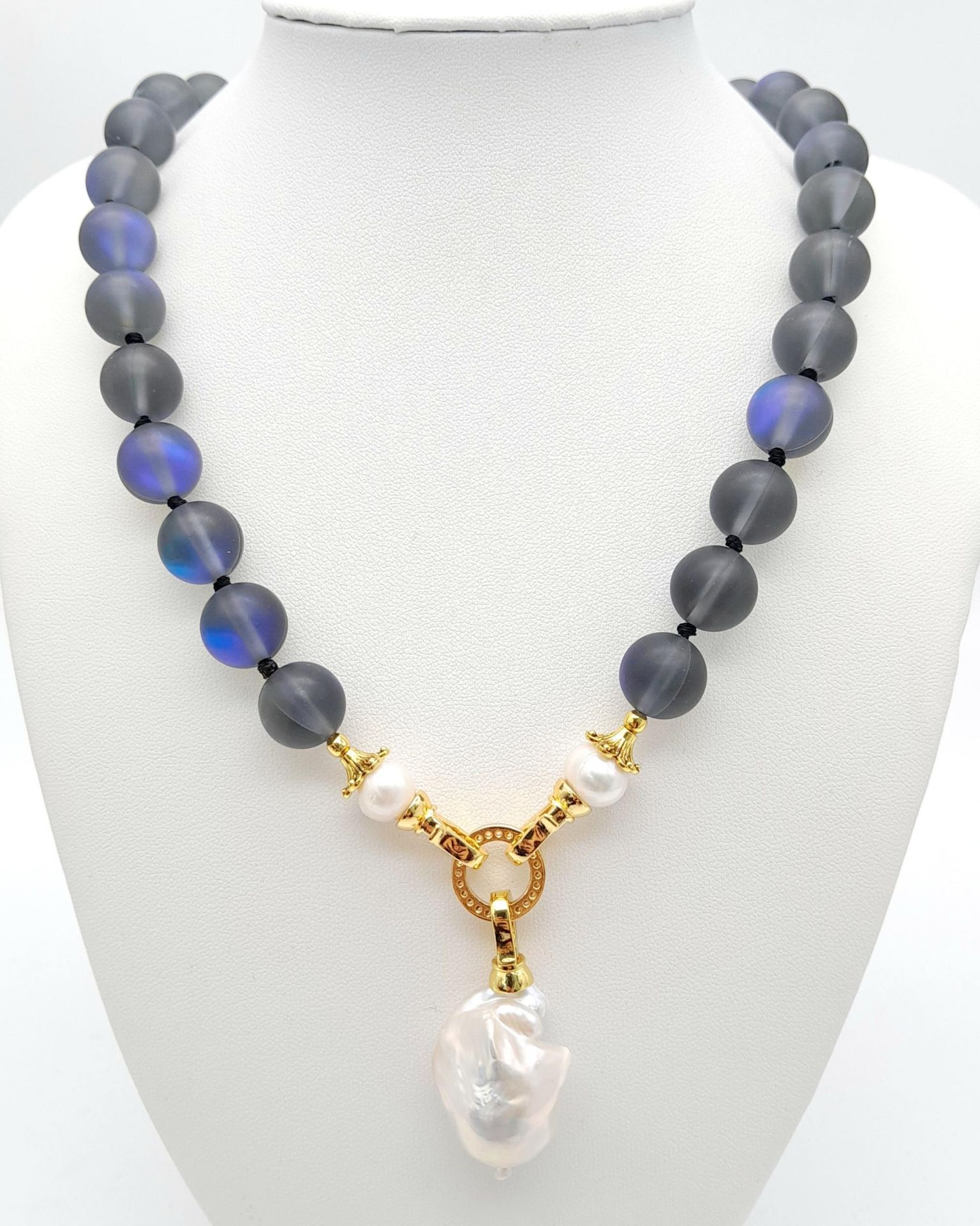 A Hypnotic Grey/Blue Moonstone Beaded Necklace with Baroque Pearl Drop Pendant. 12mm beads. 6cm