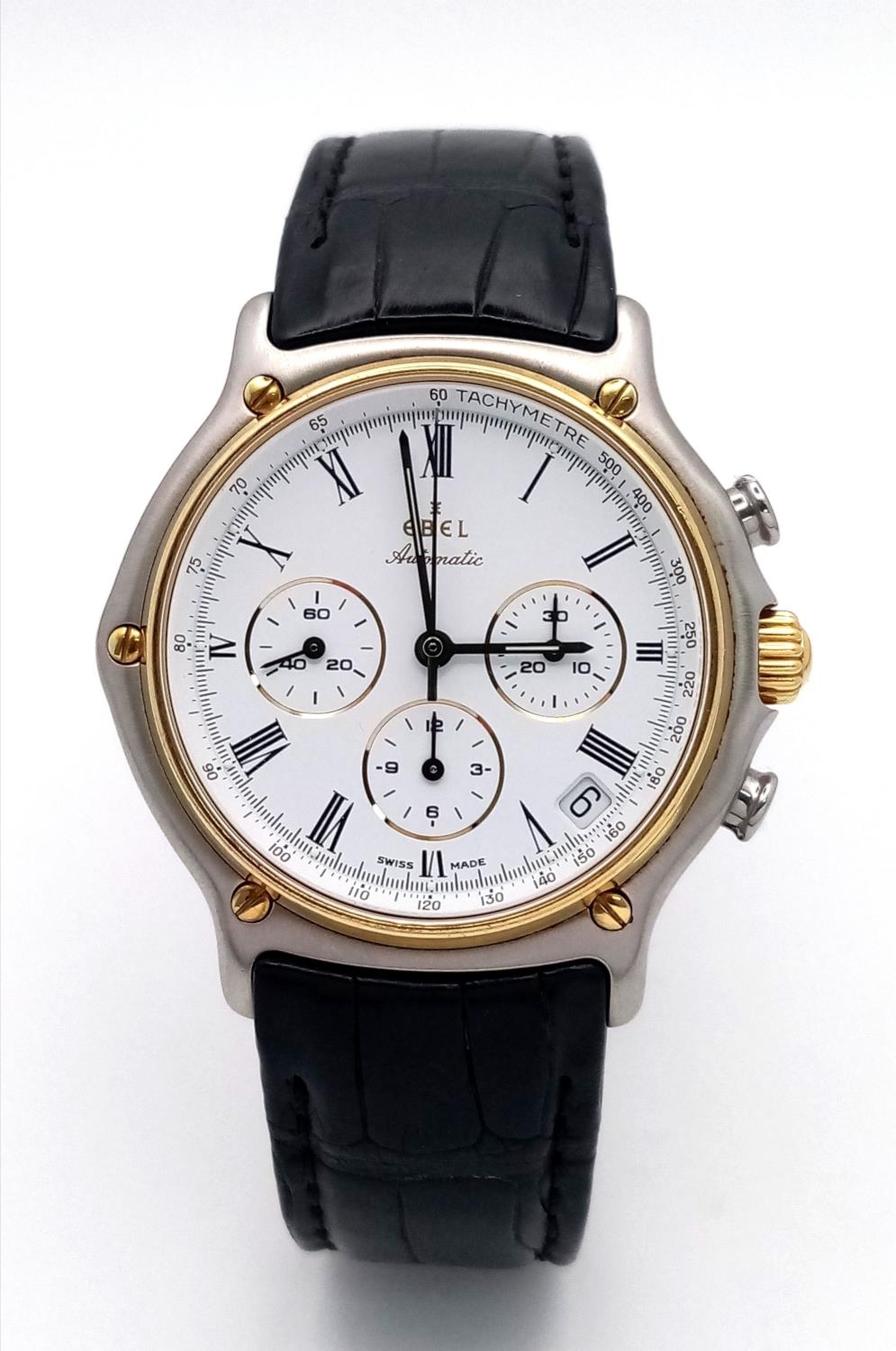 An Ebel Automatic Chronograph Gents Watch. Black leather strap. Two tone case - 38mm. White dial - Image 3 of 8
