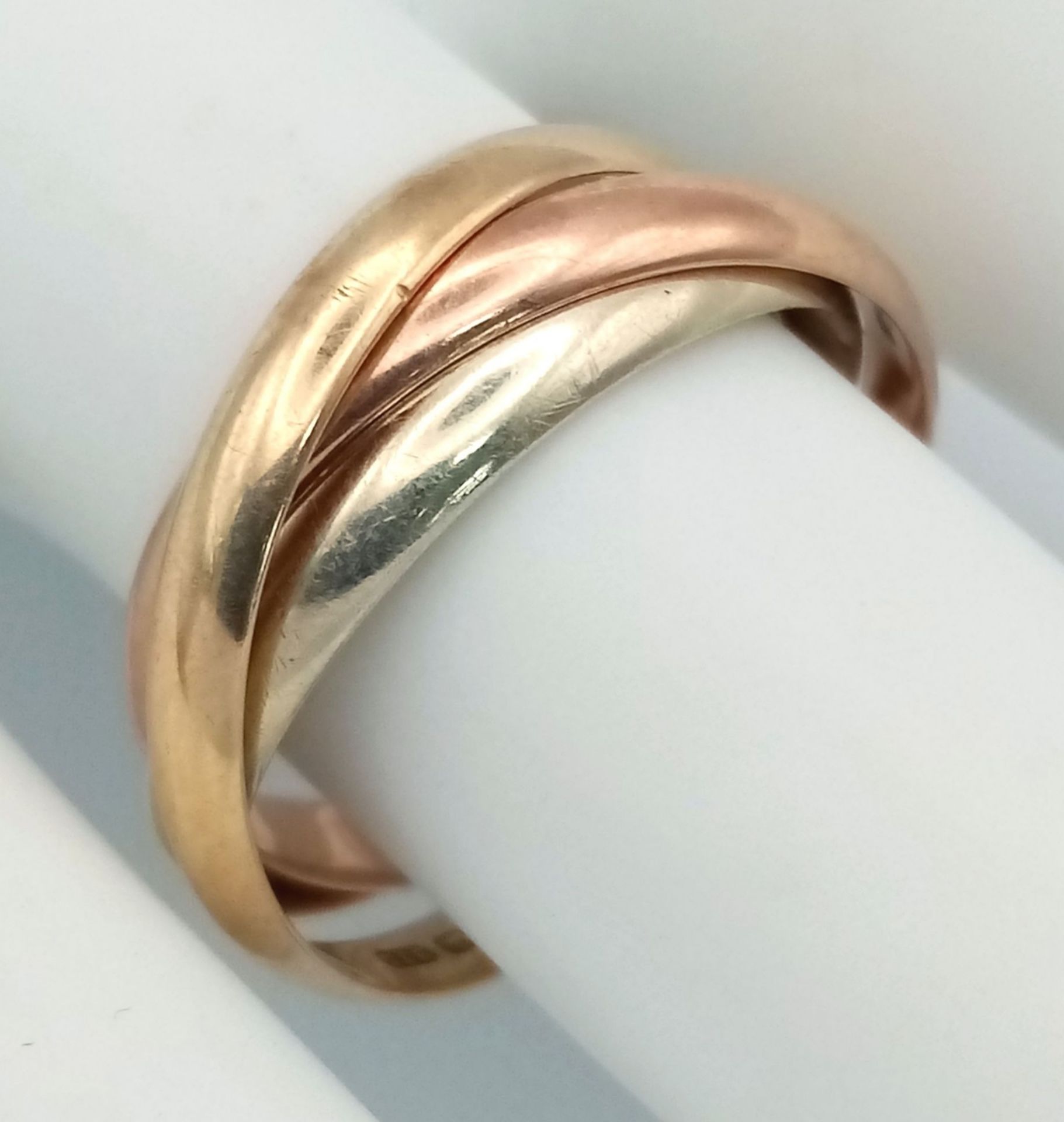 A Vintage 9K Tri-Colour Gold Russian Wedding Ring. Size N. 4g. Full UK hallmarks. - Image 2 of 4