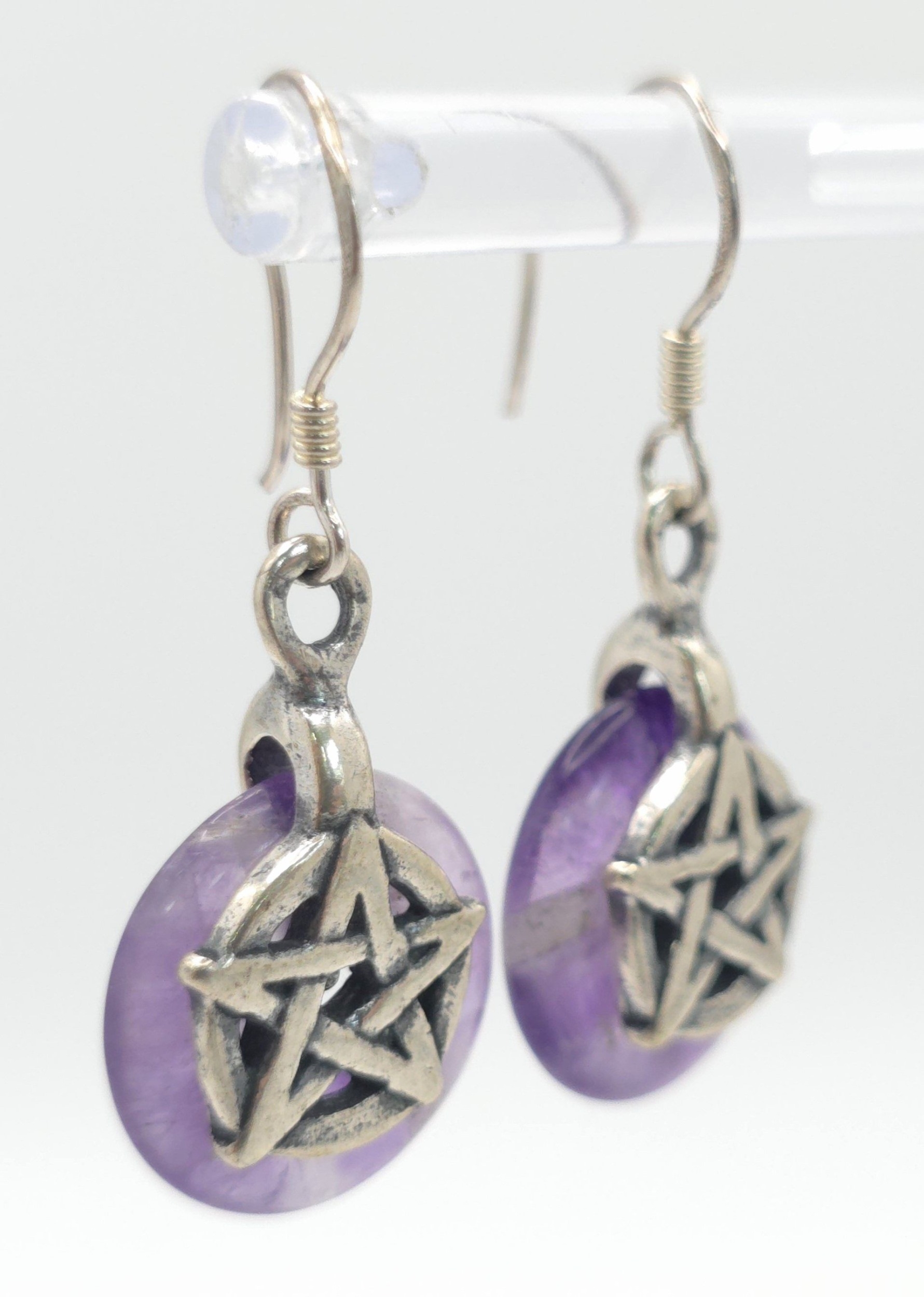 A Pair of Sterling Silver and Amethyst Pentacle Earrings. 3cm Drop. Set with 1.5cm Round Wheel - Image 3 of 5
