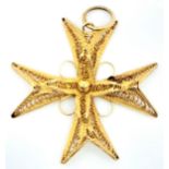 An 18K Yellow Gold Decorative Filigree Cross Pendant. 3cm. 2.2g weight.