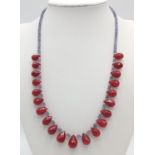 A Tanzanite Small Rondelle Necklace with Ruby Drops. 925 Silver Clasp. 150ctw gemstones. 42cm