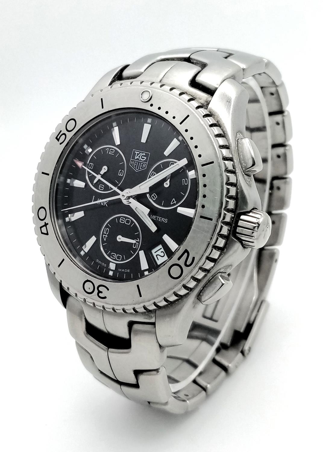 A Tag Heuer Link Quartz Chronograph Gents Watch. Stainless steel bracelet and case - 42mm. Black