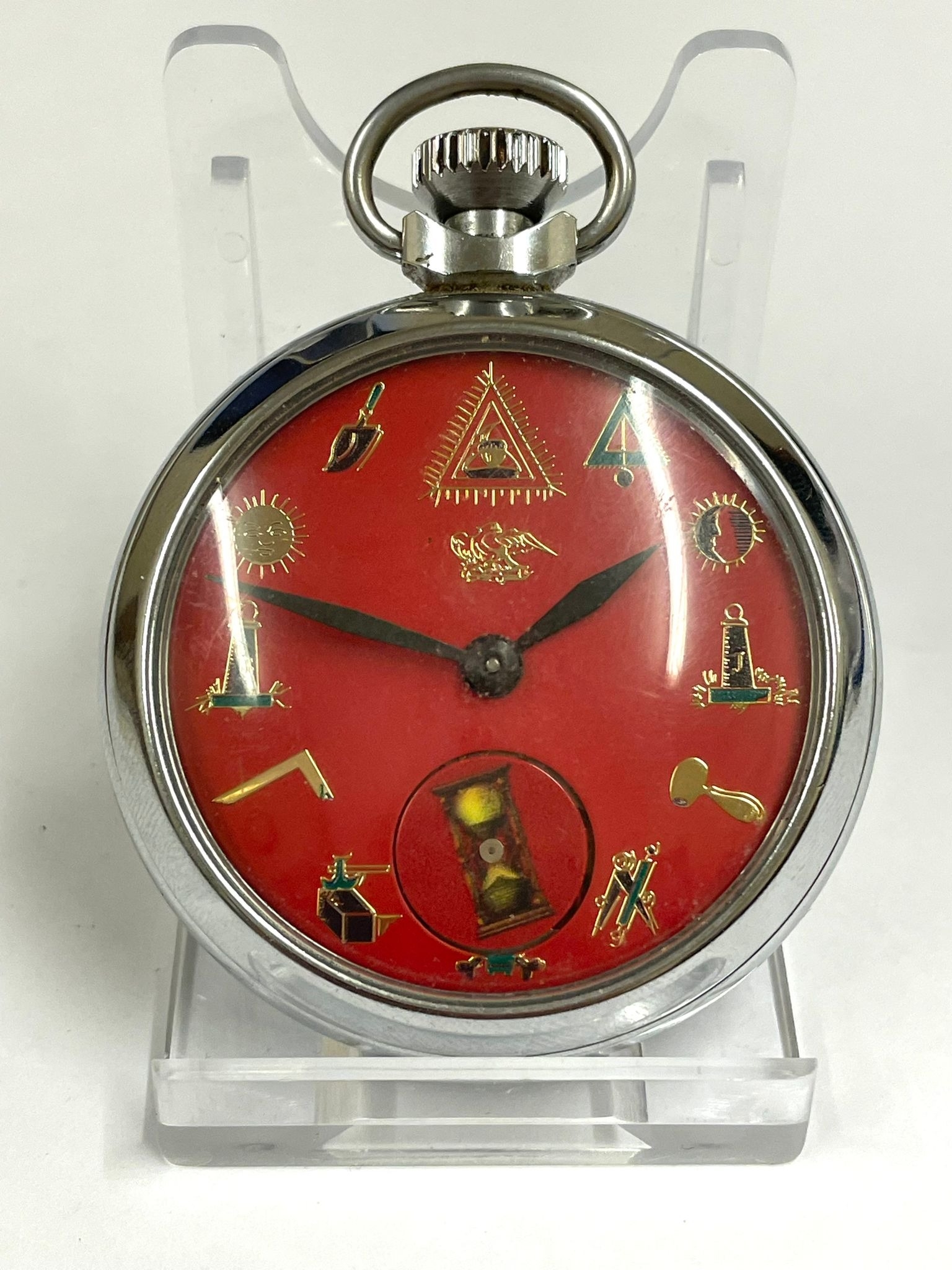 A Vintage Masonic pocket watch automaton ( rotating hour glass ). In working order.