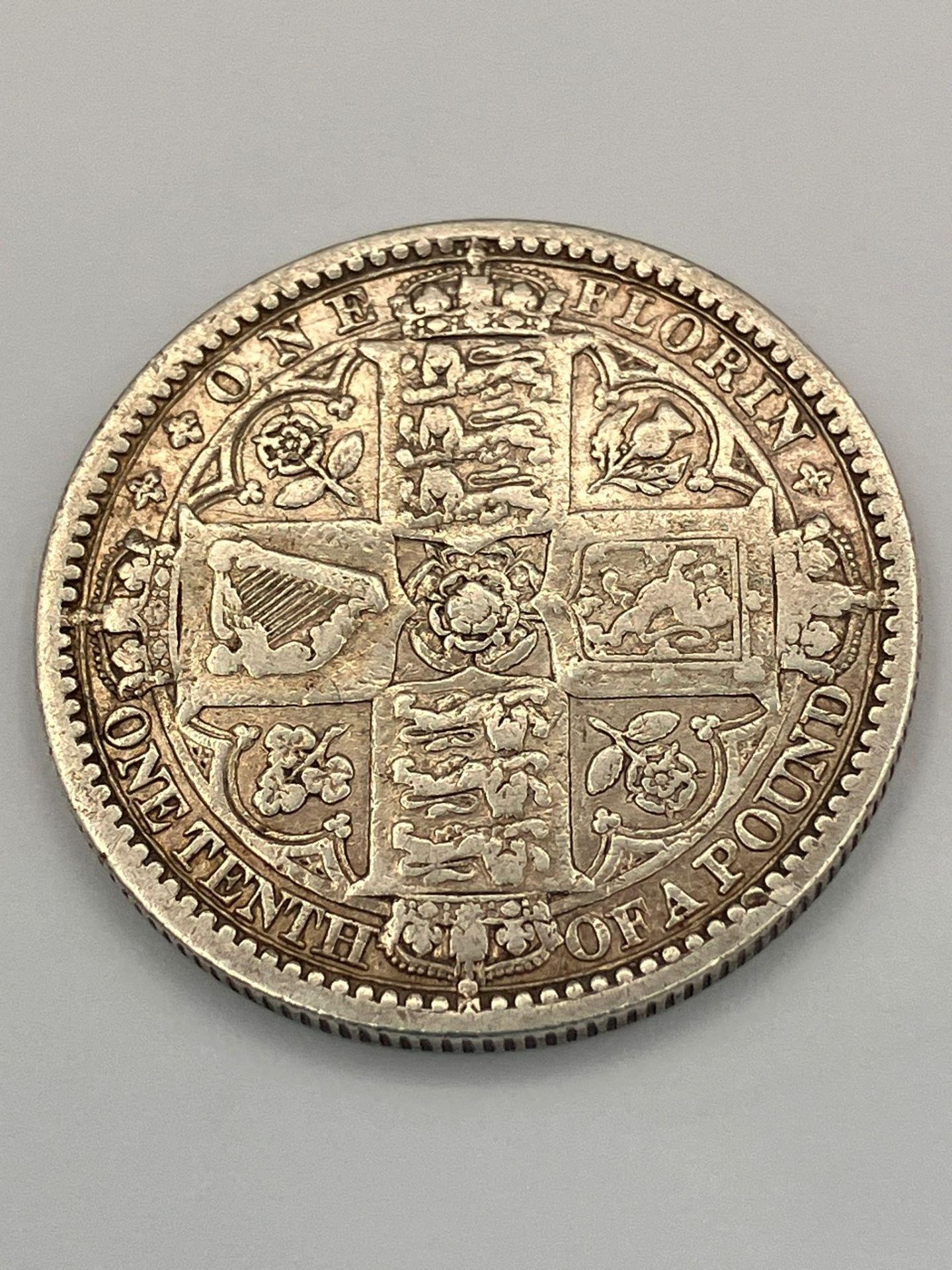 1849 SILVER GOTHIC FLORIN. Very fine condition. This is the infamous coin missing the words Del