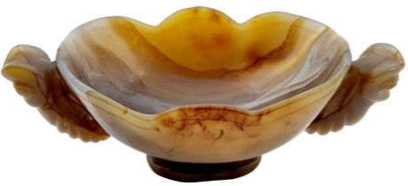 A Vintage Chinese Hand Carved Agate Bowl with Ornate Seaworm Decoration. 16cm x 6cm.