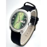 A Vintage Ricoh Automatic Gents Watch. Black leather strap. Stainless steel case - 38mm. Green