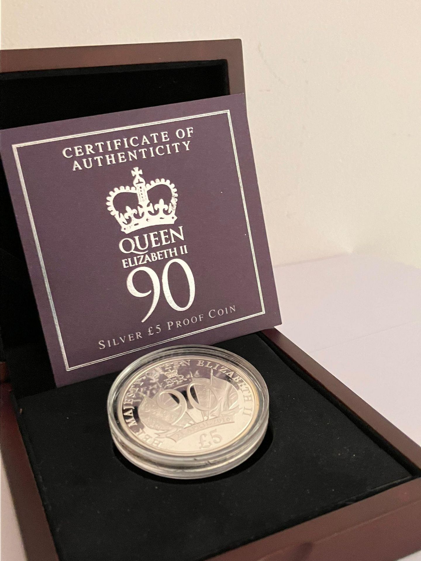 SILVER PROOF £5 COIN issued in 2016 to mark Queen Elizabeth’s 90th birthday. Complete with