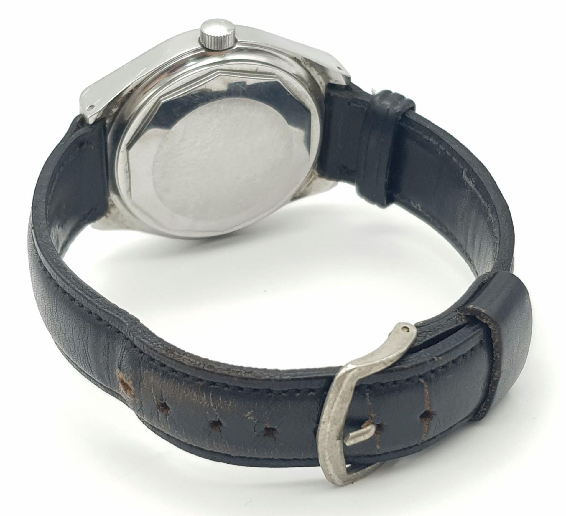 A Vintage Tissot Automatic Gents Watch. Black leather strap. Stainless steel case - 37mm. Blue - Bild 6 aus 6