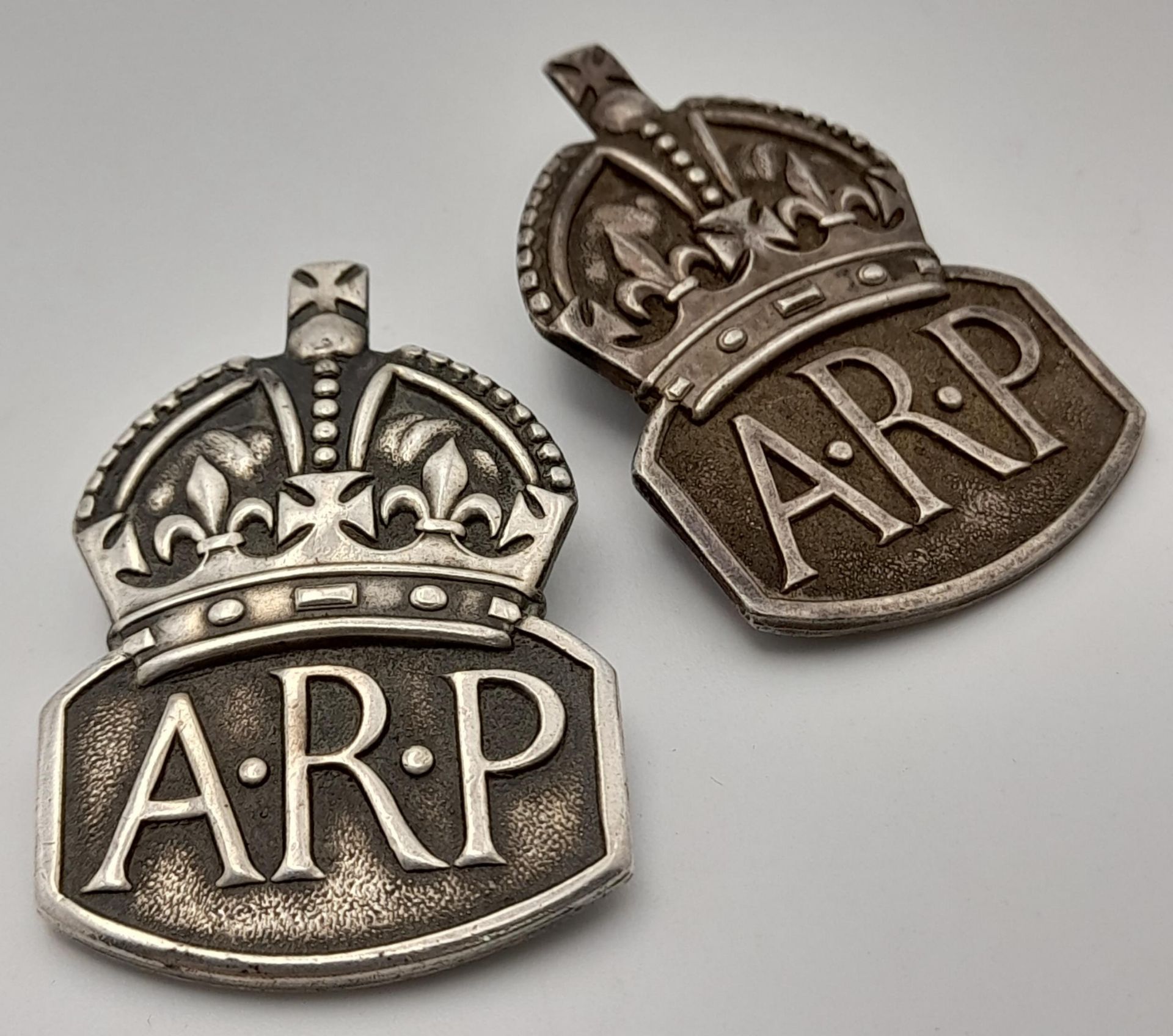 Two Vintage Sterling Silver A.R.P Badges. London hallmarks.