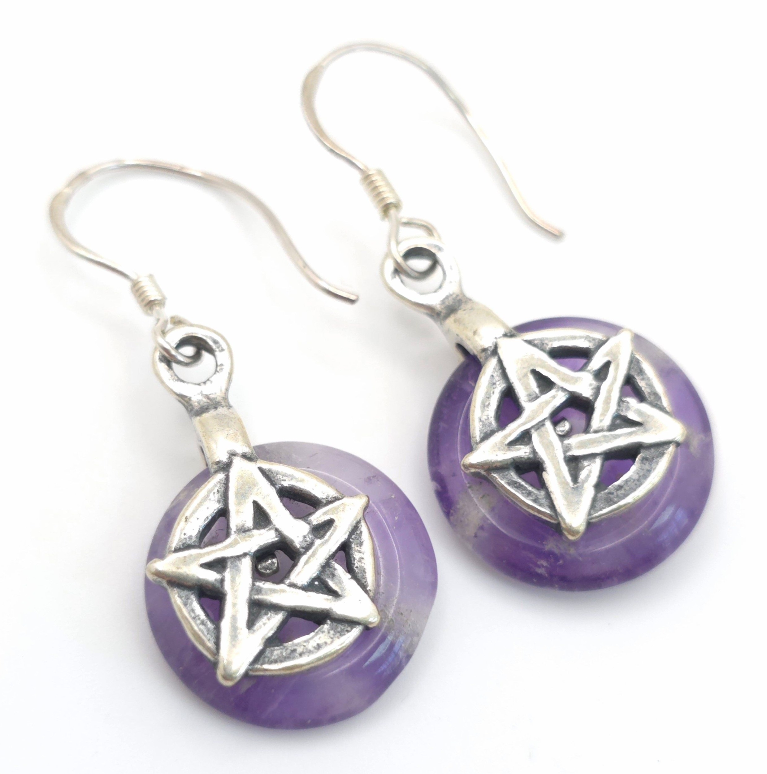 A Pair of Sterling Silver and Amethyst Pentacle Earrings. 3cm Drop. Set with 1.5cm Round Wheel