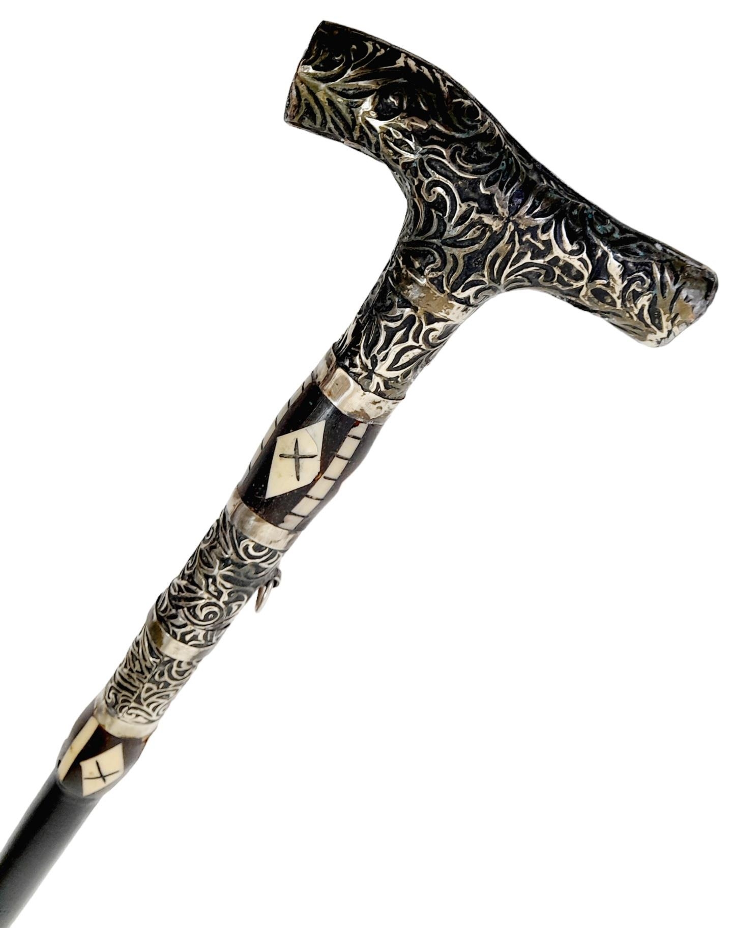 A Very Rare, Unique & Ornate Antique Bone Inlaid Wood and White Metal Sword Stick. 91cm Length. - Bild 5 aus 5