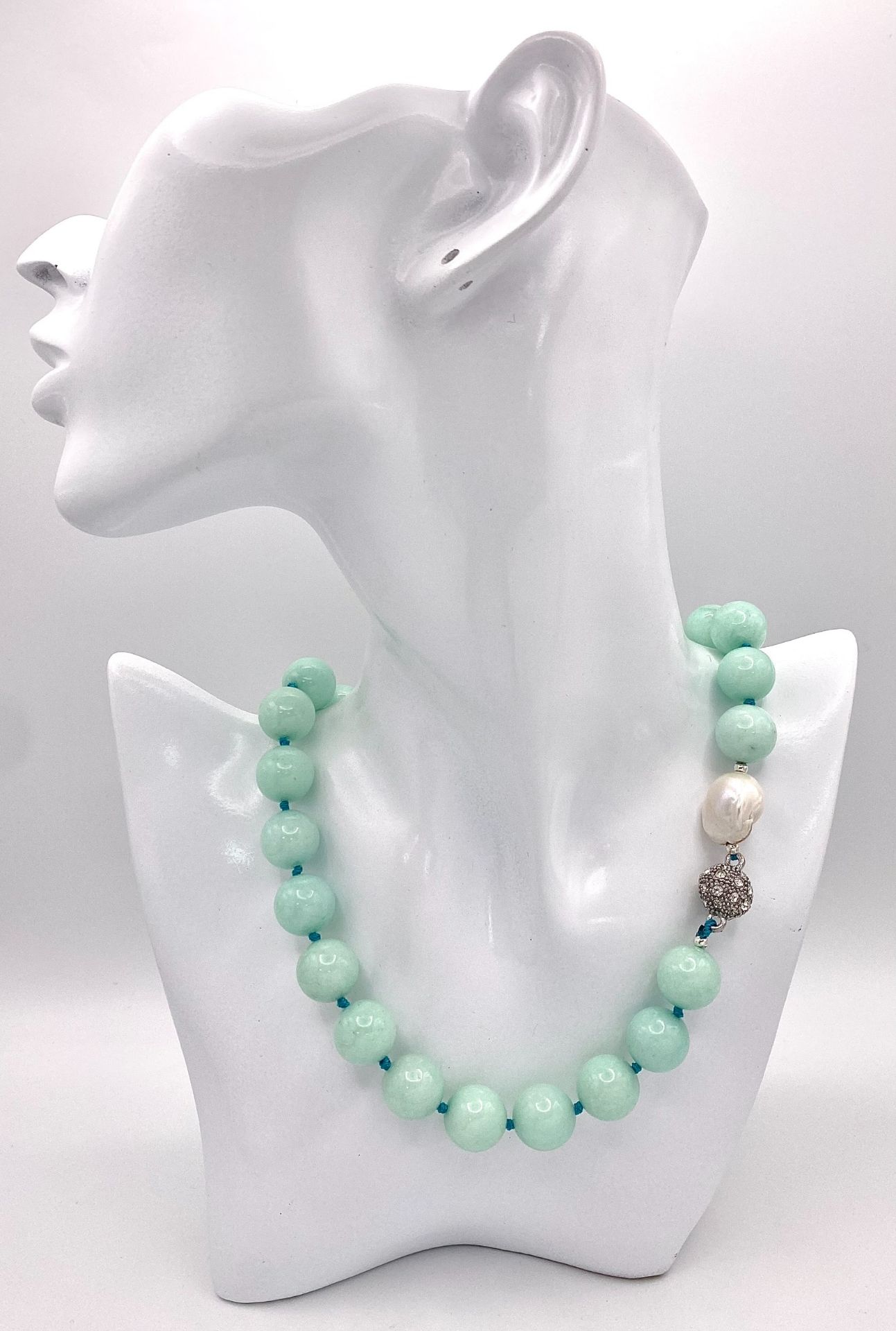 A Large Beaded Amazonite Necklace with a Keisha Baroque Pearl Interrupter. 14mm beads. Necklace