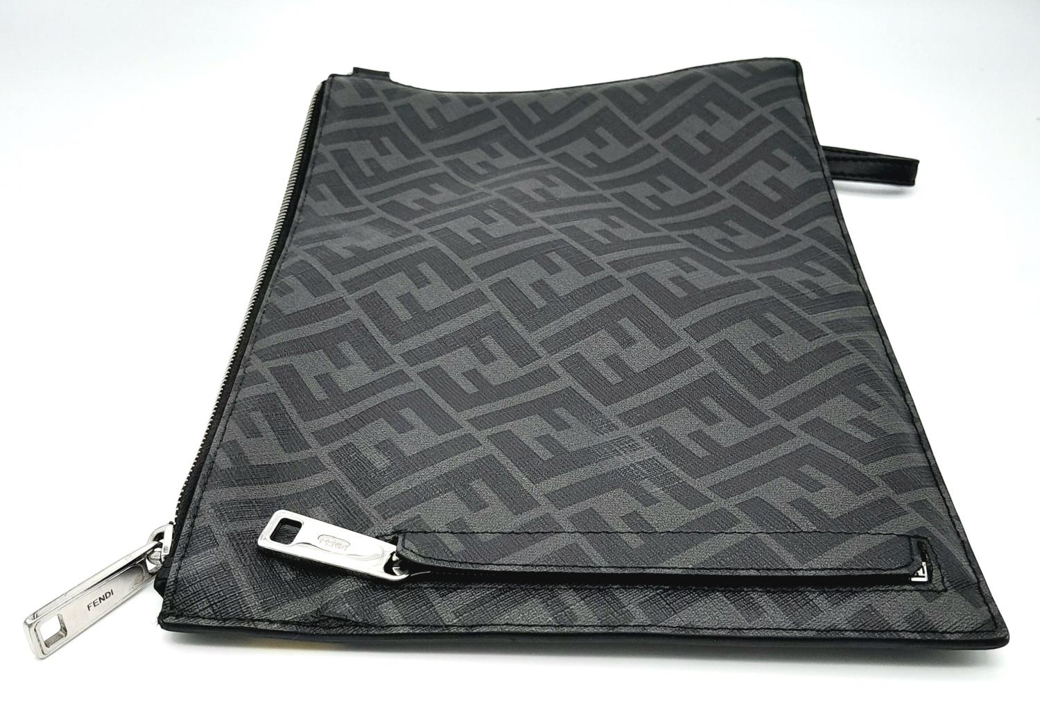 A Fendi Black, Grey and Yellow Diagonal Men's Clutch/Pouch. Leather and canvas exterior with - Image 3 of 6