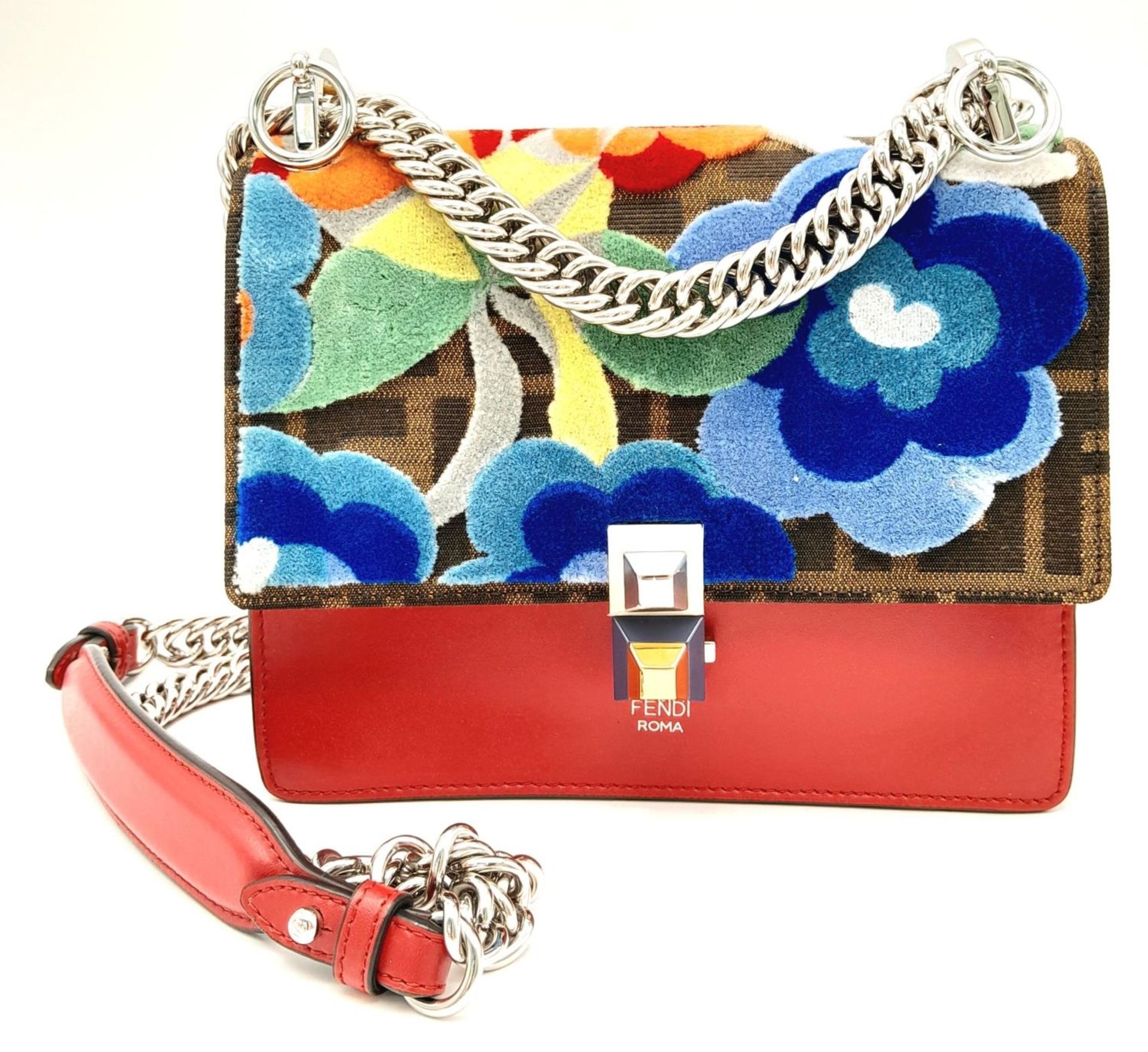 A Fendi Red Vitello Liberty Zucca Floral Kan I Crossbody Bag. Leather, canvas and carpet