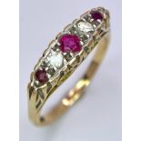 A 18K Yellow Gold Diamond and Ruby 5 Stone Ring, 3.4g, (dia: 0.10ct/Ruby: 0.17ct) Size O ref: SR26