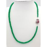 A 95ct Single Strand Emerald Rondelle Necklace with a Ruby and 925 Silver Clasp. 44cm. Ref: Cd-1285
