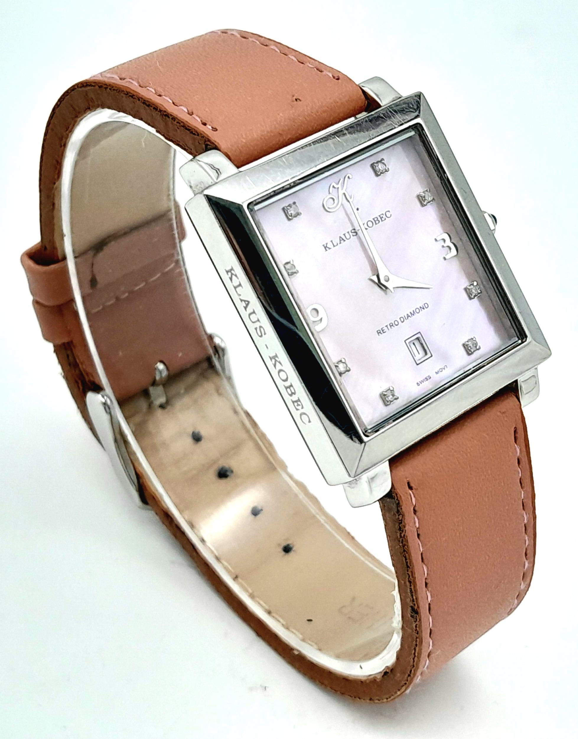 A Retro Diamond Klaus Kobec Pink Mother of Pearl Unisex Quartz Watch. Pink leather strap. Stainless - Image 3 of 6