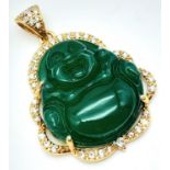 A Jade and Cubic Zirconia Laughing Buddha Pendant. 4.3cm length, 14.56g total weight.