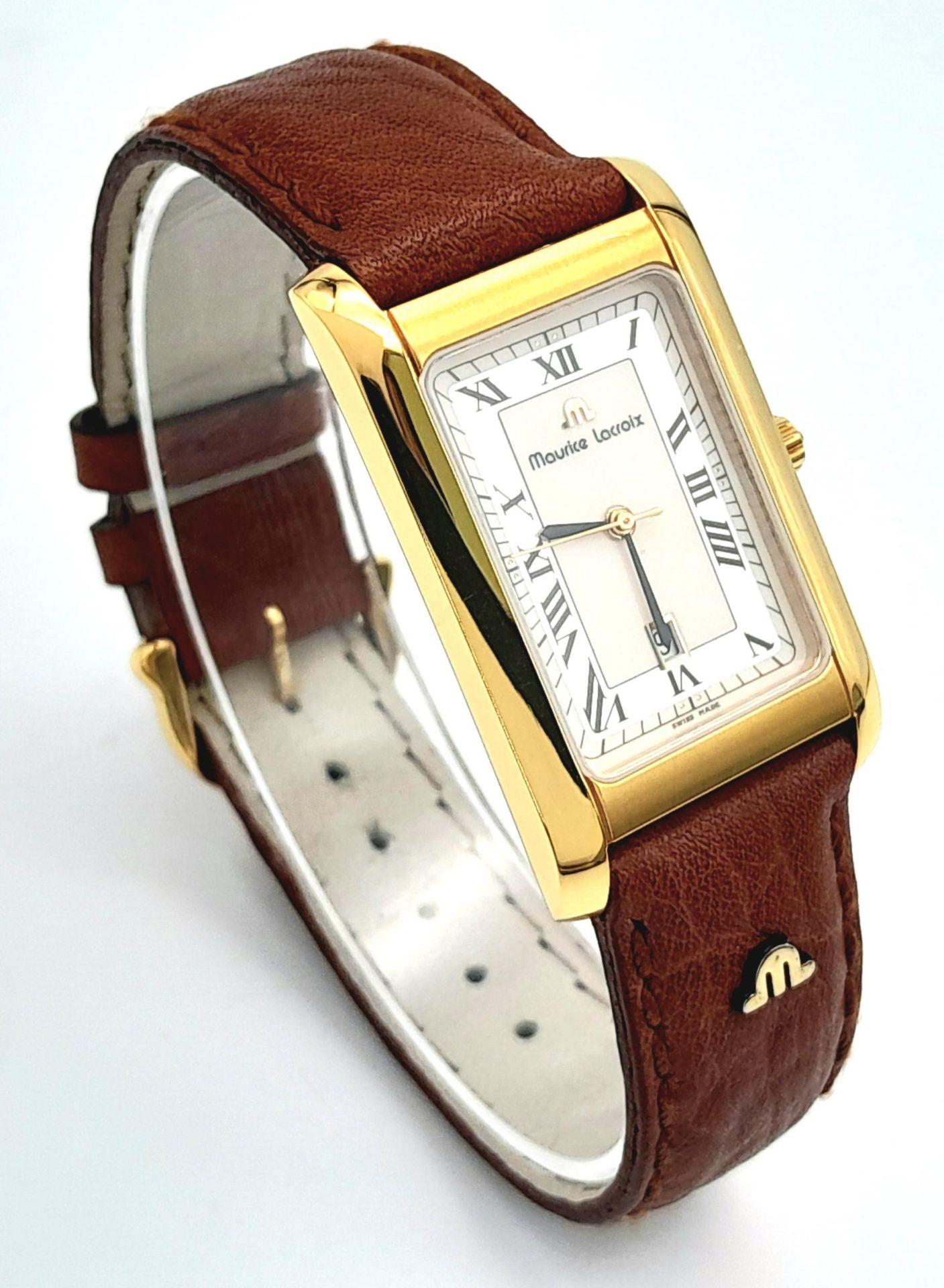 An Excellent Condition, Vintage, Maurice Lacroix Gold Plated Tank Style Date Watch. New Battery - Image 3 of 10
