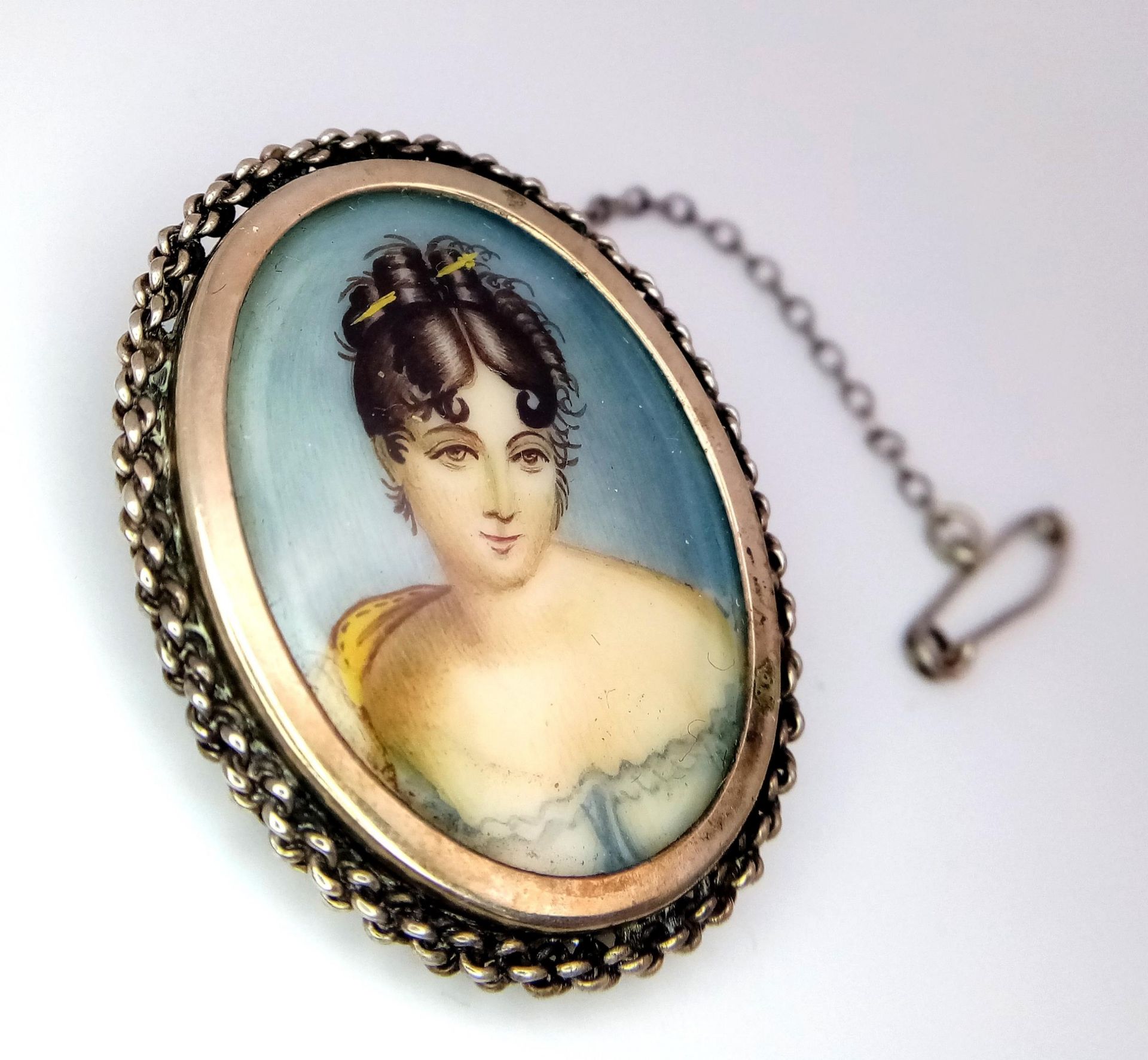 An Exquisite, Vintage/Antique, Silver Mounted Hand Painted Miniature Portrait Brooch. 800