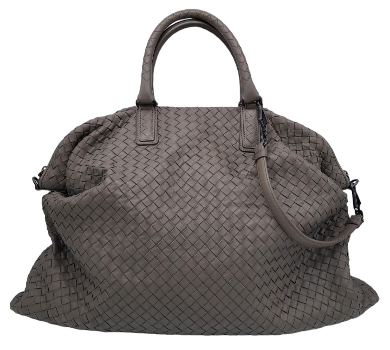 A Bottega Veneta Khaki Tote Bag. Intrecciato leather with chrome-toned hardware, two rolled