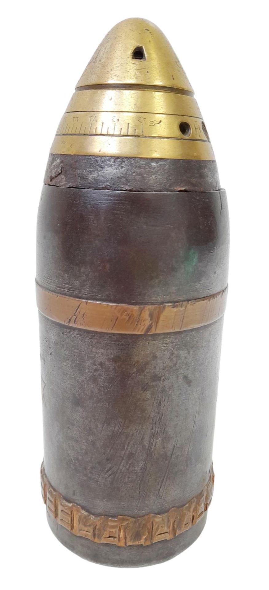 Inert WW1 Ottoman (Turkish) 75mm shrapnel shell projectile Gallipoli Memento. Silver Australian - Image 2 of 5