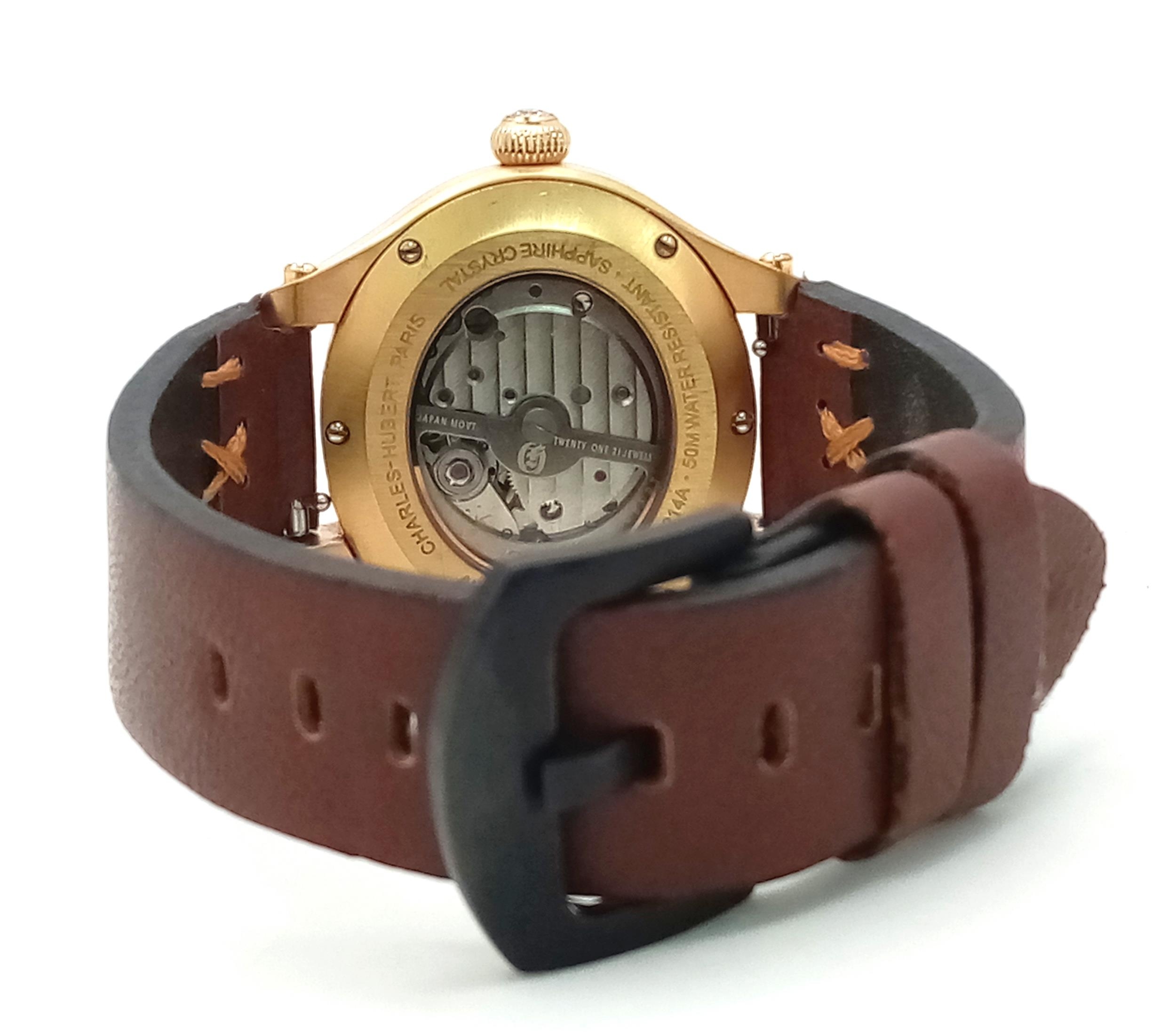 A Charles Hubert Automatic Gents Watch. Brown leather strap. Oval gilded case - 38mm. White dial - Image 5 of 5