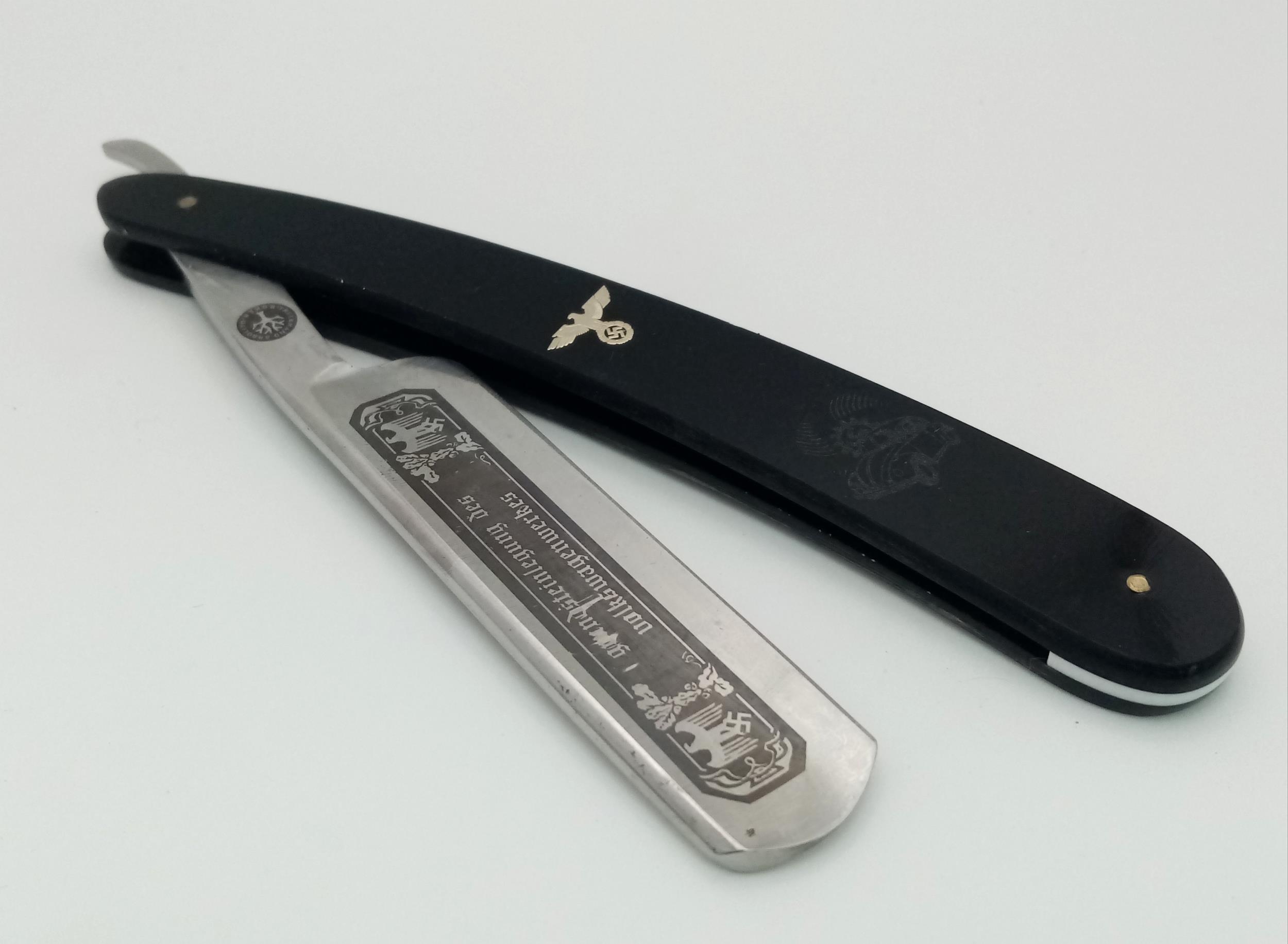 3rd Reich Patriotic Cut Throat Razor. Blade has been etched “Made from steel from the Volks Wagen