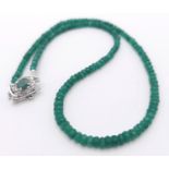 A 95ctw Emerald Gemstone Rondelle Single Strand Necklace - with Emerald and 925 Silver clasp.