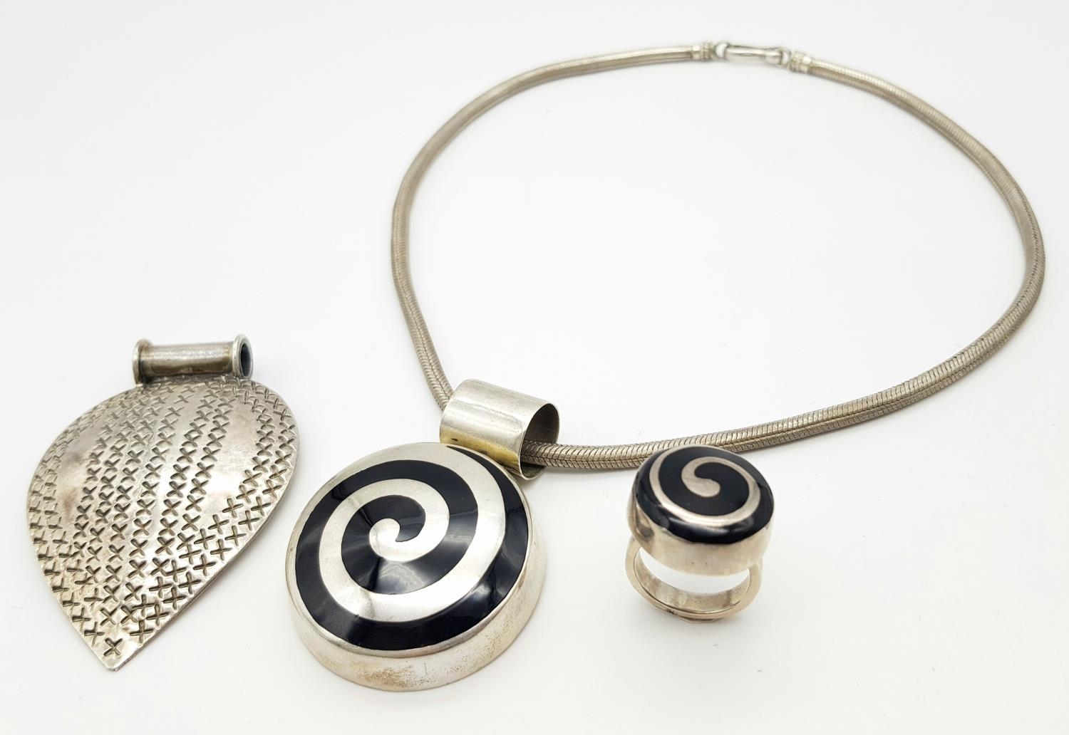 A Mexican silver bundle: Large pendant on 18" chain (pendant: 7cm x 5cm), plus silver and enamel