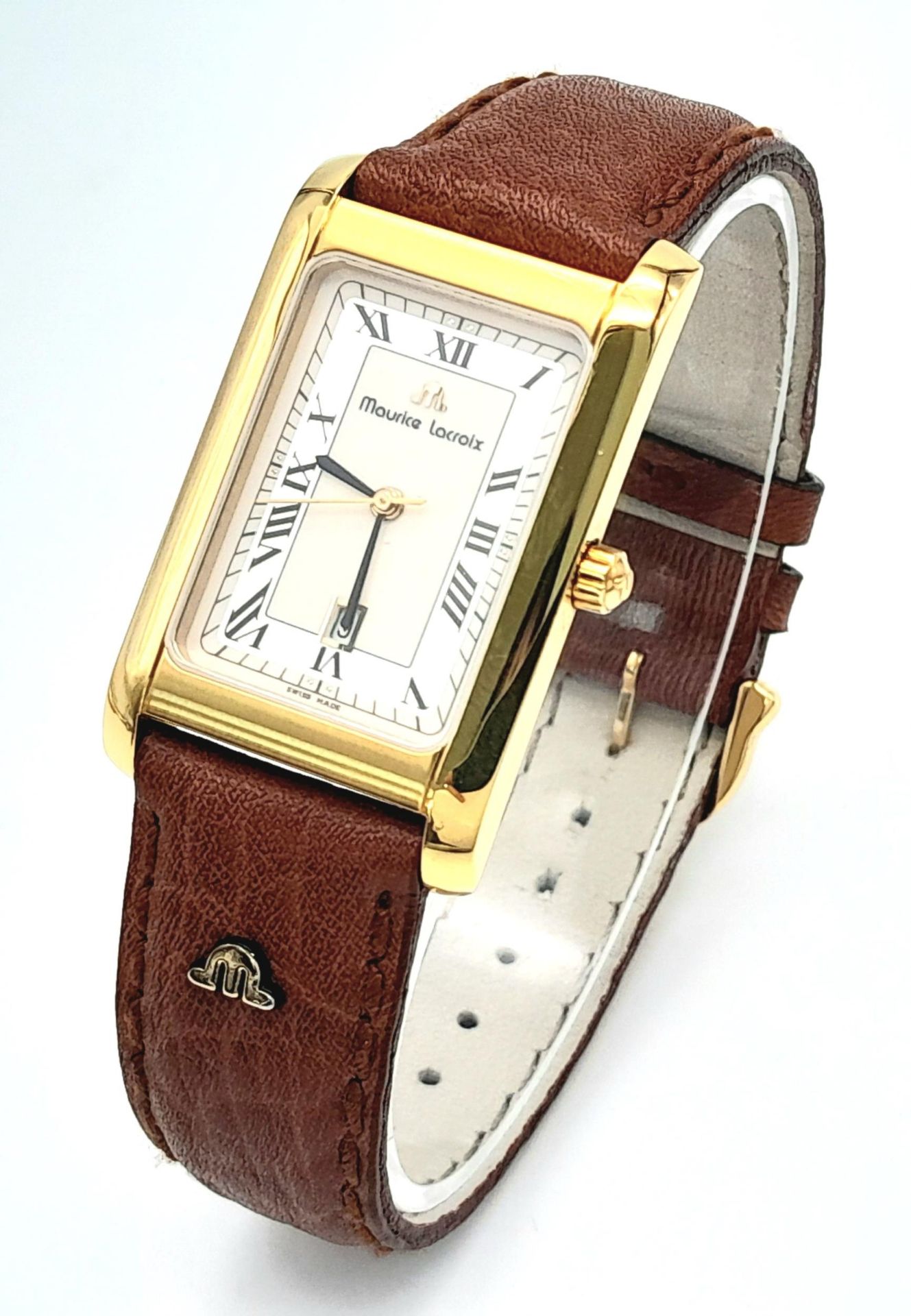 An Excellent Condition, Vintage, Maurice Lacroix Gold Plated Tank Style Date Watch. New Battery