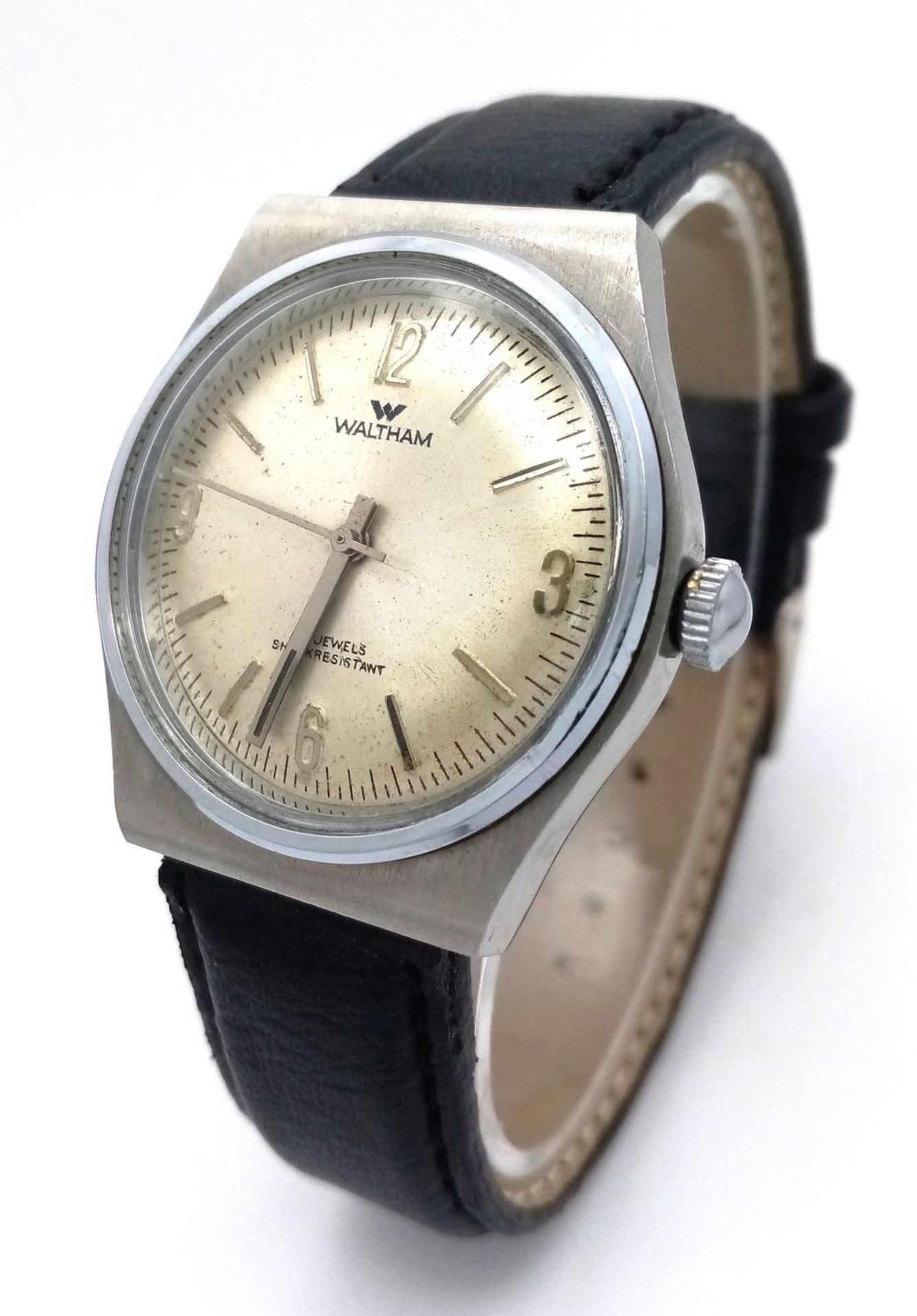 A Vintage Waltham 17 Jewel Automatic Gents Watch. Black leather strap. Stainless steel case - - Bild 2 aus 6