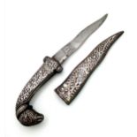 Vintage or Most Likely Antique, Ornate Scroll Detail Ram’s Head Mughal White Metal Dagger with