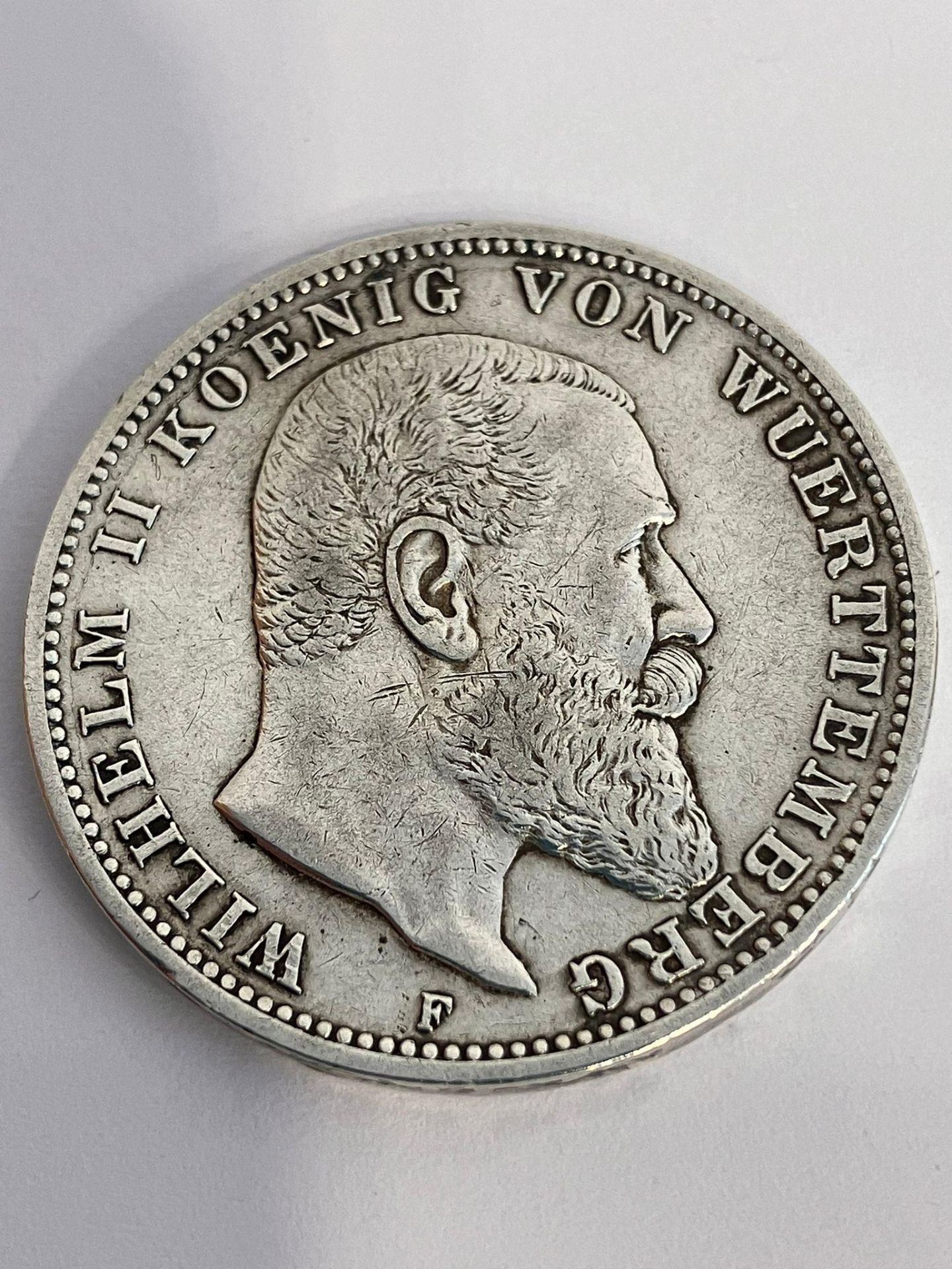 1910 GERMAN SILVER 3 MARK COIN. Rare STUTTGART MINT. WILLHELM II. Very fine/extra fine condition. - Image 2 of 2