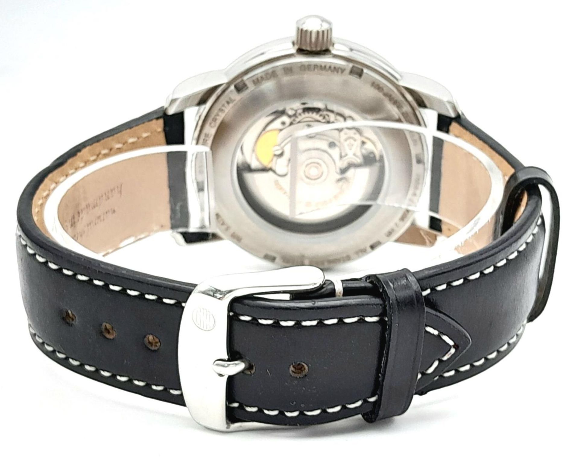 A Zeppelin Automatic Gents Watch. Black leather strap. Stainless steel case - 42mm. White dial - Image 4 of 6