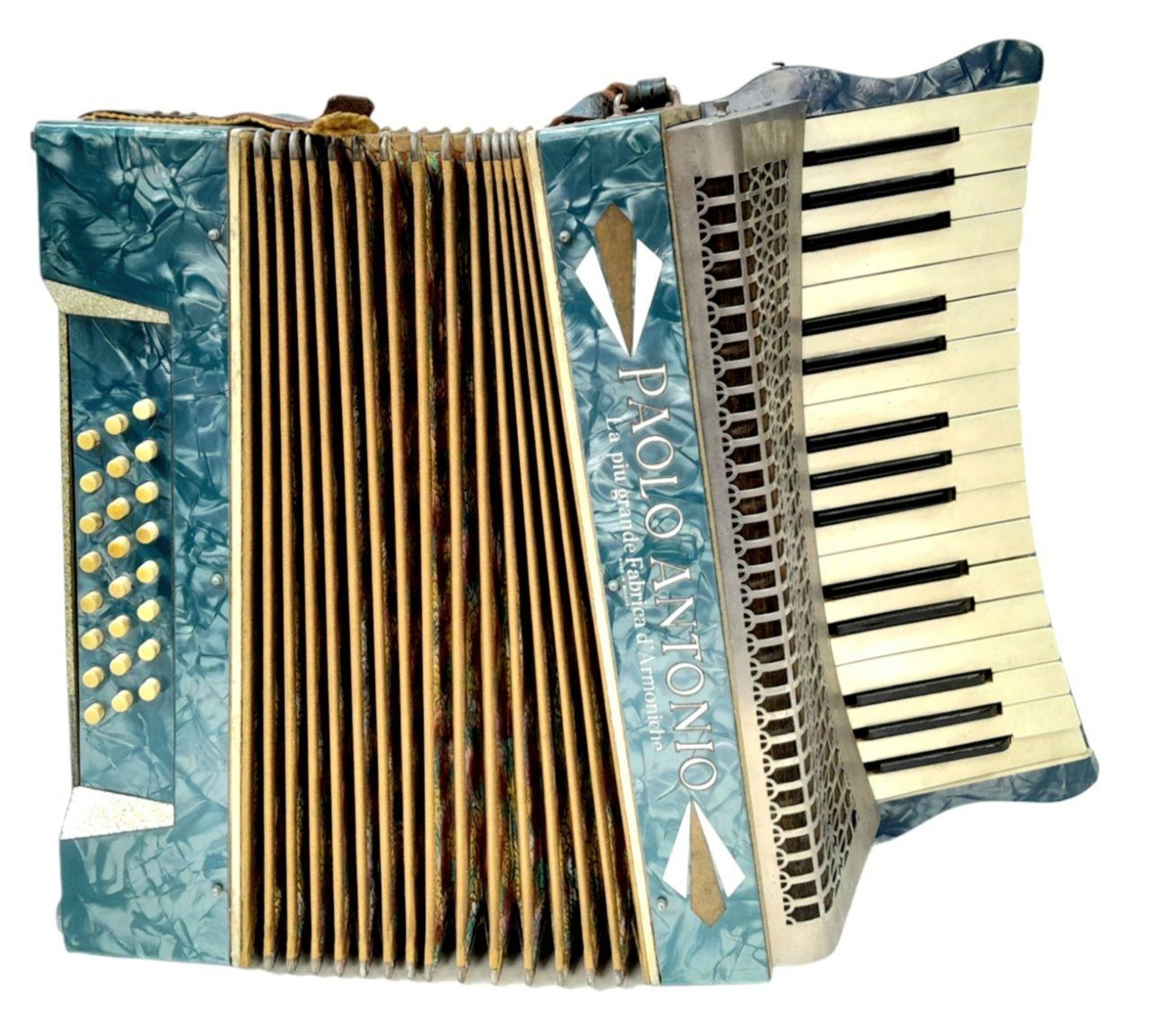 An Antique Paolo Antonio Piano Accordian in Original Case. 39cm x 39cm. Works but because of age