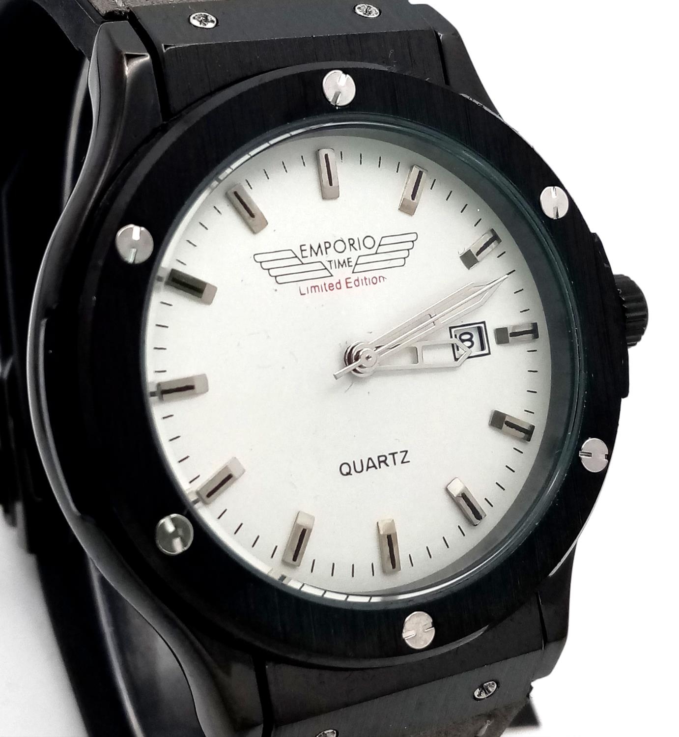 An Emporio Limited Edition Quartz Gents Watch. Grey leather strap. Stainless steel and ceramic - Image 3 of 6