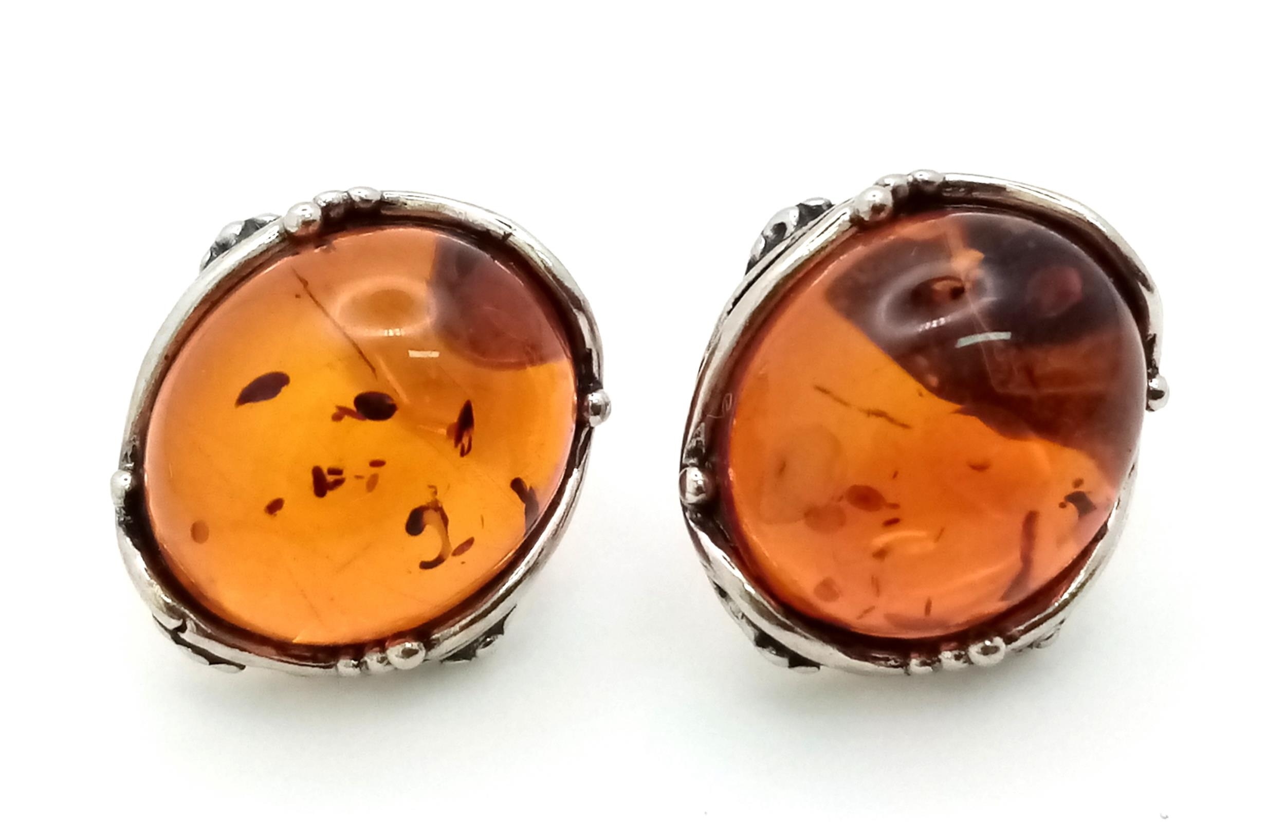 Vintage Sterling Silver Ornate Mounted Amber Cabochon Stud Earrings. 1.3cm Oval Cut Amber Cabochons,